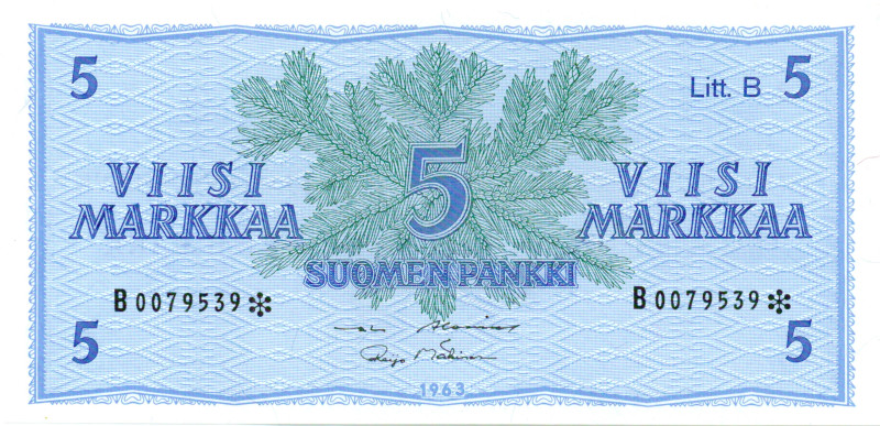 5 Markkaa 1963 Litt.B B0079539* kl.9